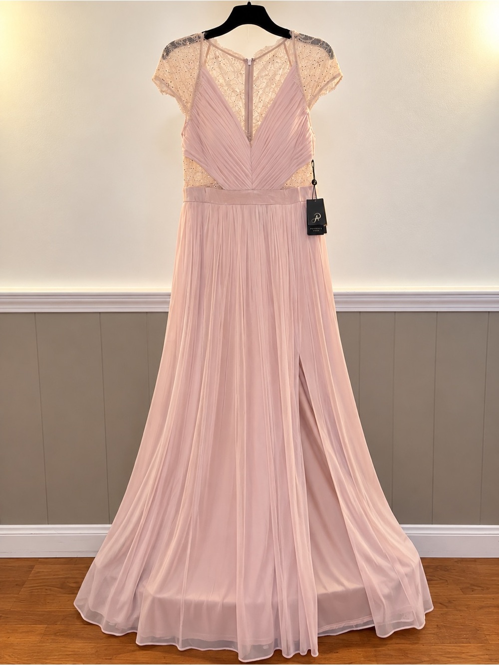 Adrianna Papell Blush Pleated Maxi Gown with Lace Yoke
